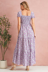 Purple Floral Short Bubble Sleeve Smocked High Waist Maxi Dress